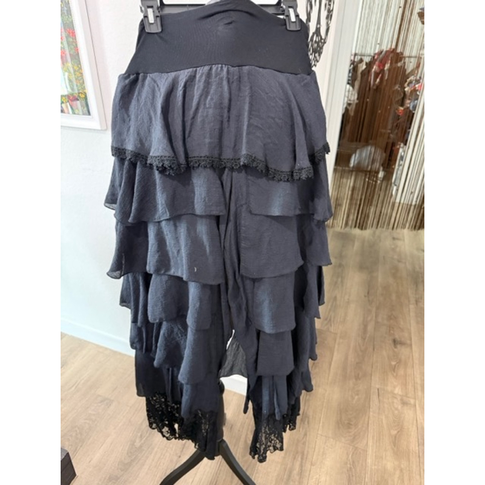 Black Boho Tiered Palazzo Pants Lace Trim Wide Leg Lagenlook Festival - Picture 4 of 5